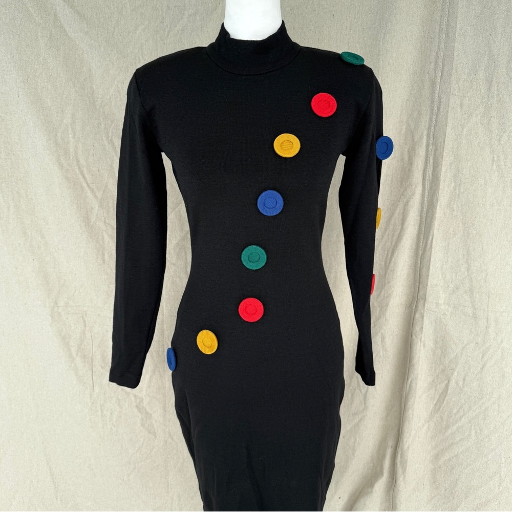 Vintage S Andrea Jovine Black Fitted Wool Multi-Colored Button Long Sleeve Dress - Picture 2 of 7
